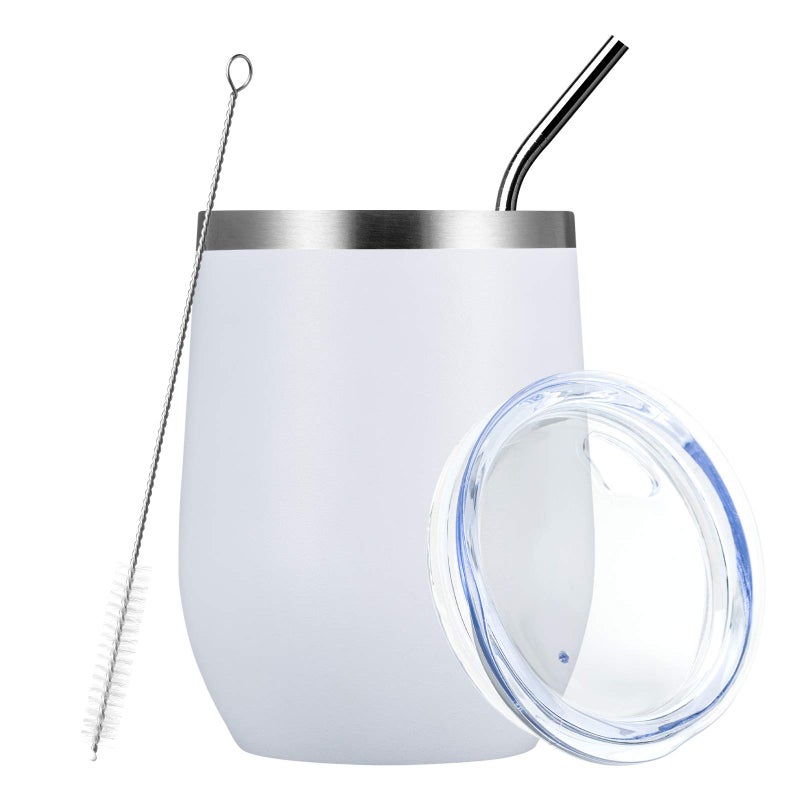 MEWAY Stemless 12 OZ Wine Tumbler Glasses with Lid -Insulated Double Wall Vacuum Stainless Steel Travel Tumbler with Straw,for Woman Under 10 dollars (White,1) - Image 1